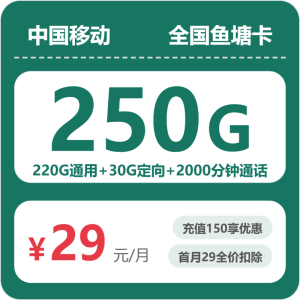 移动鱼塘卡丨29元包220G通用+30G定向+2000分钟(三照下单,发全国)-号卡极团